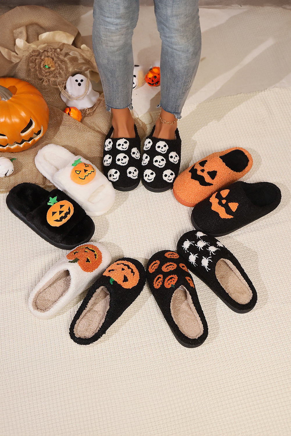 Black Halloween Pumpkin Plush Slippers