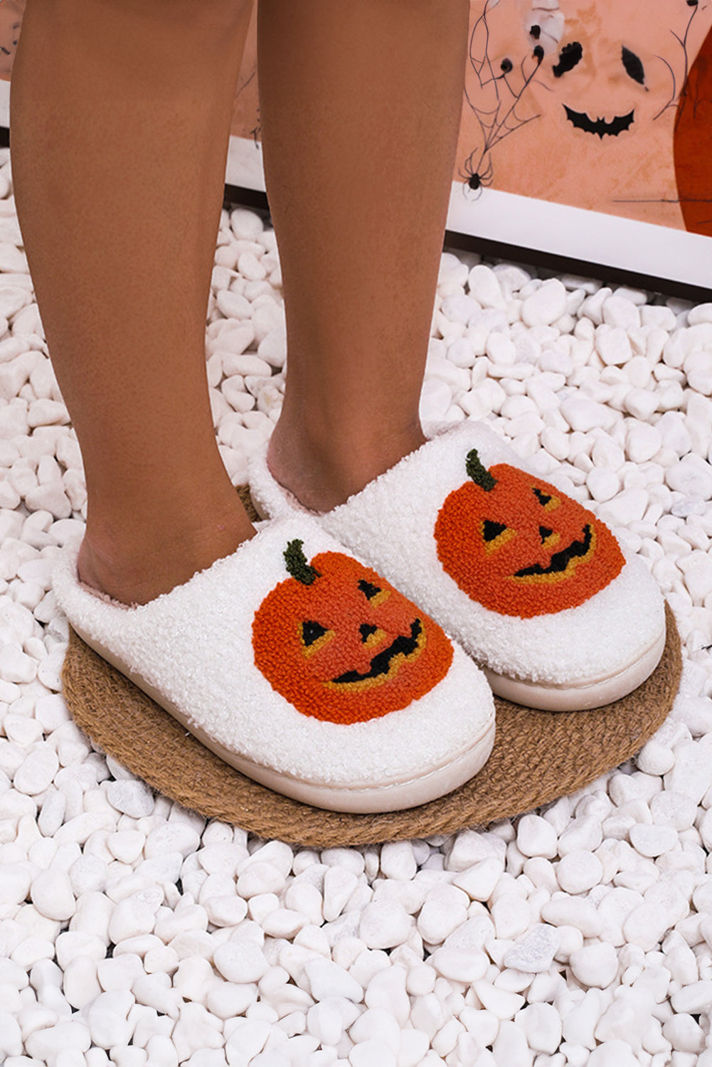 White Halloween Pumpkin Plush Slippers