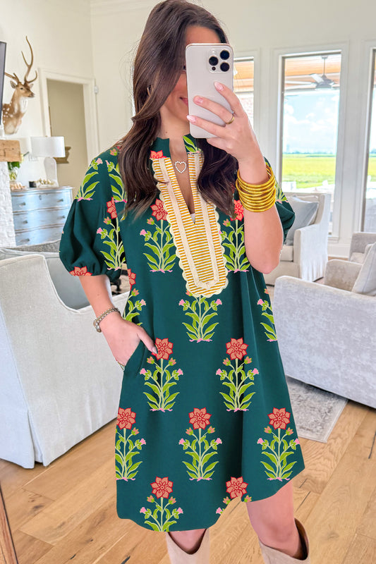Green Floral Print Short Sleeve Dress