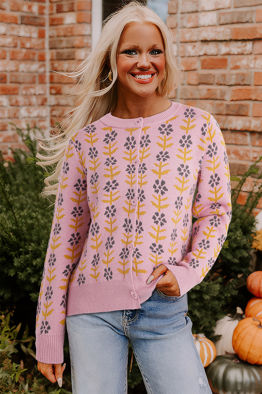 Pink Floral Button Cardigan