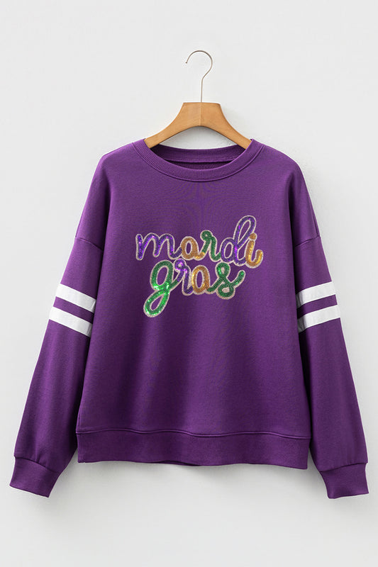 Purple Sequin Mardi Gras Varsity Sweatshirt