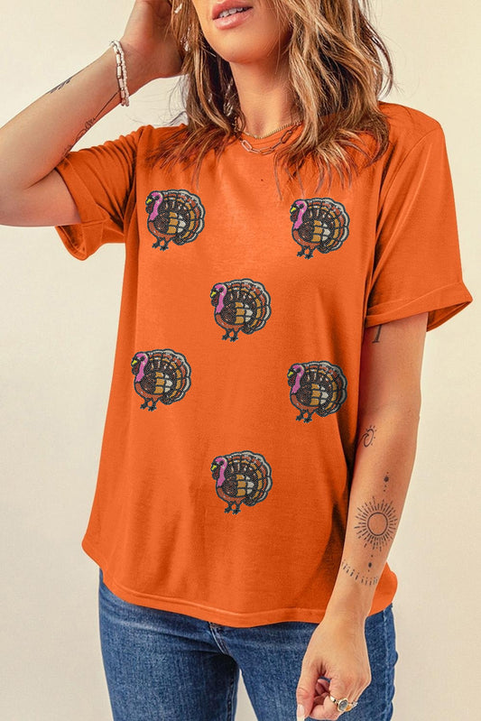 Orange Sequin Thanksgiving Turkey T Shirt
