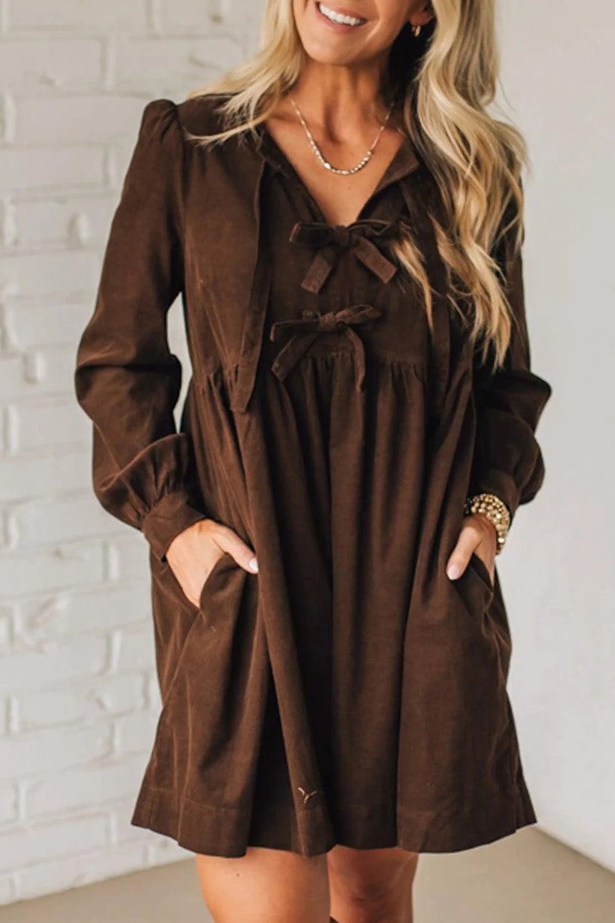 Coffee Bow Knot Corduroy Dress
