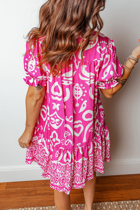Pink Boho Short Sleeve Flared Dress