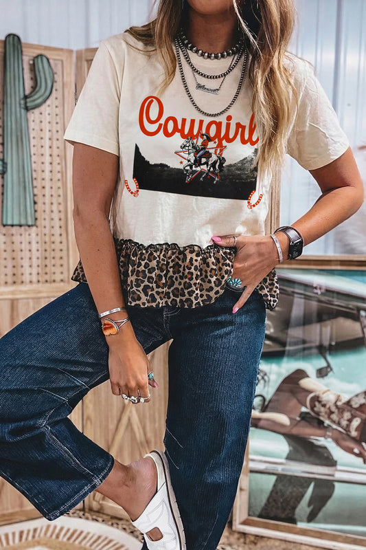 Cowgirl Leopard Ruffle Hem T Shirt