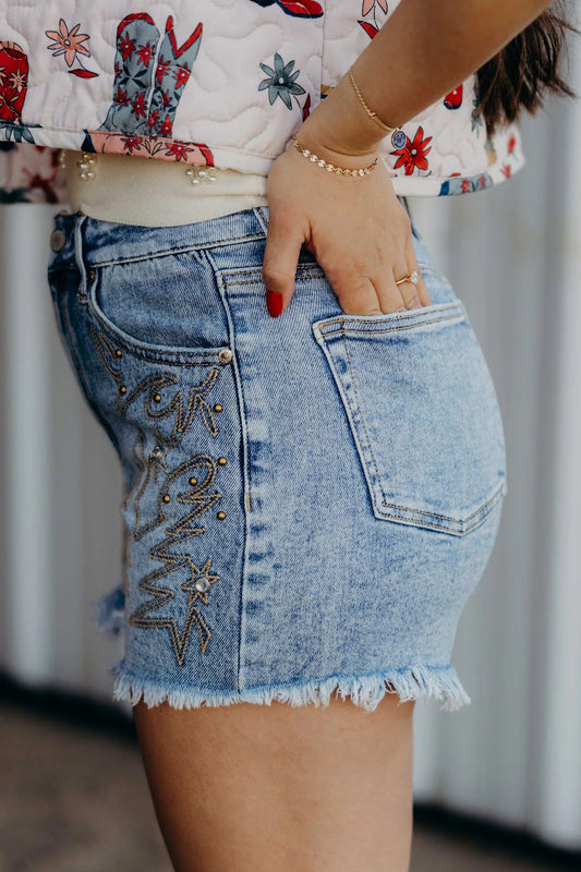 Western Embroidered Denim Shorts