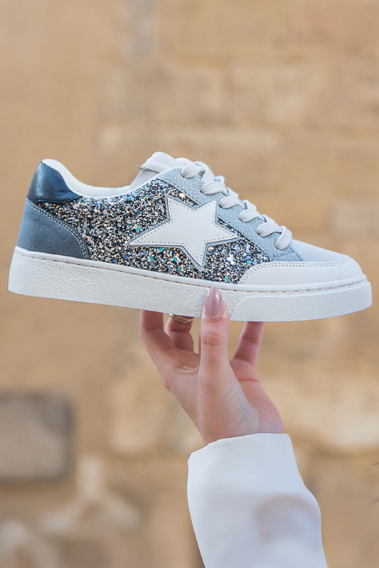 Blue Glitter Star Lace Up Sneakers