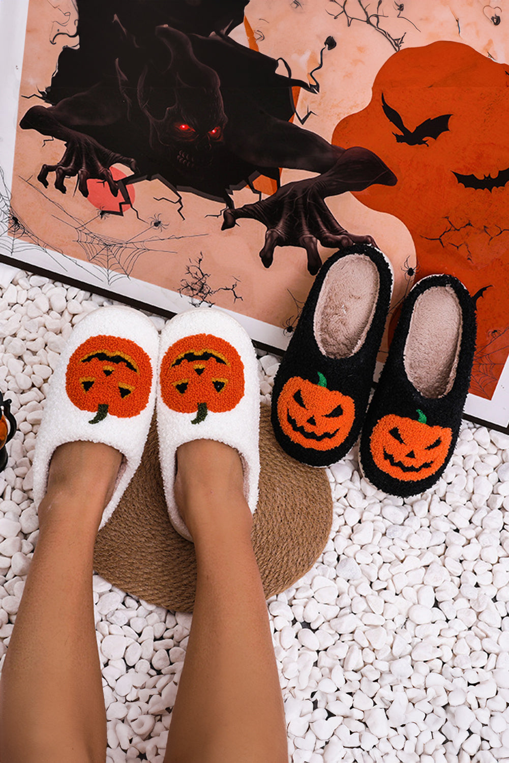 Black Halloween Pumpkin Plush Slippers