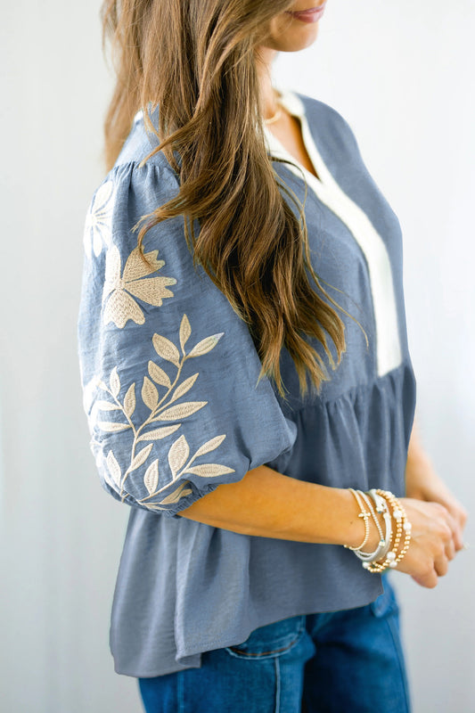 Embroidered Puff Sleeve Blouse