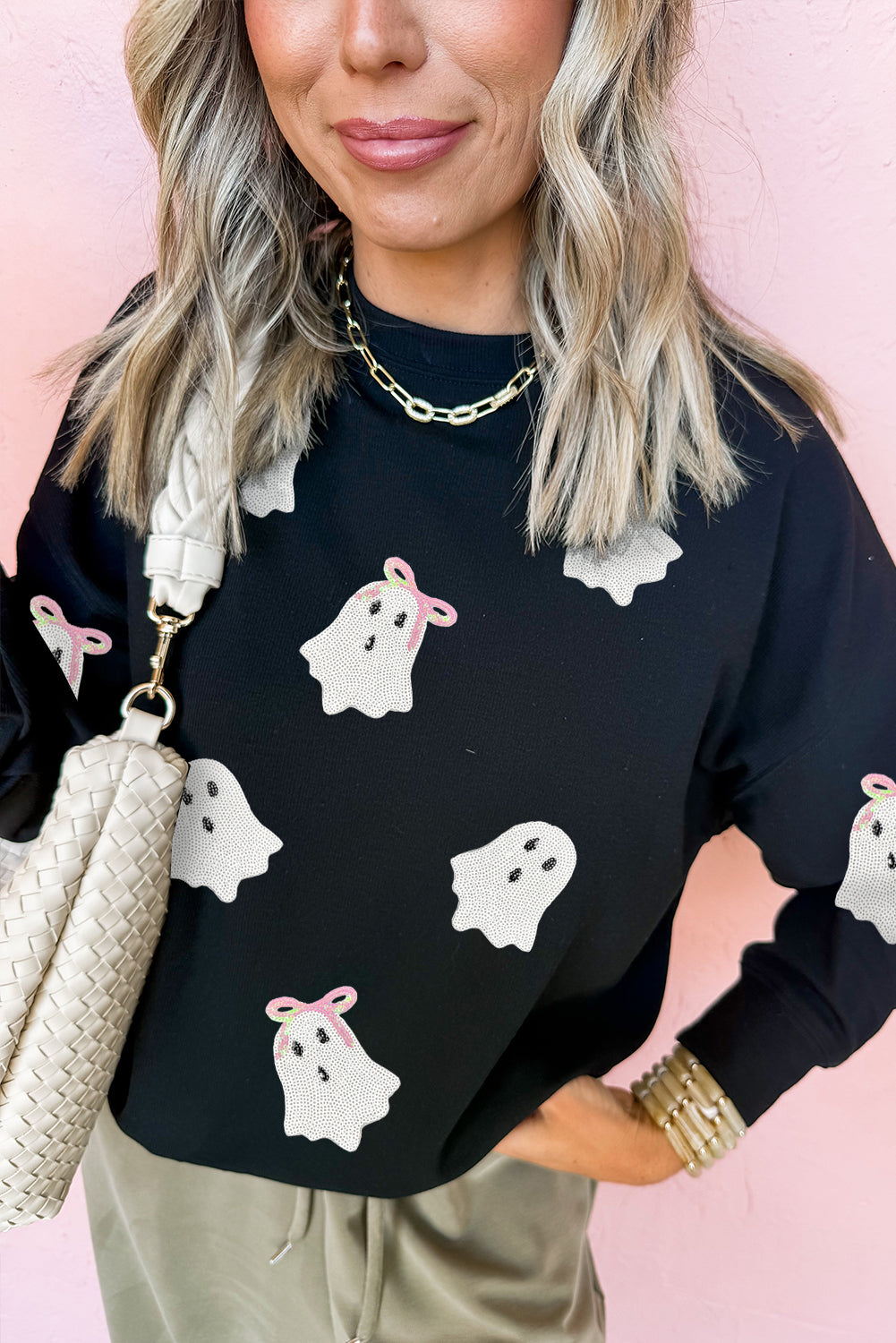 Black Sequin Cute Ghost Halloween Sweatshirt