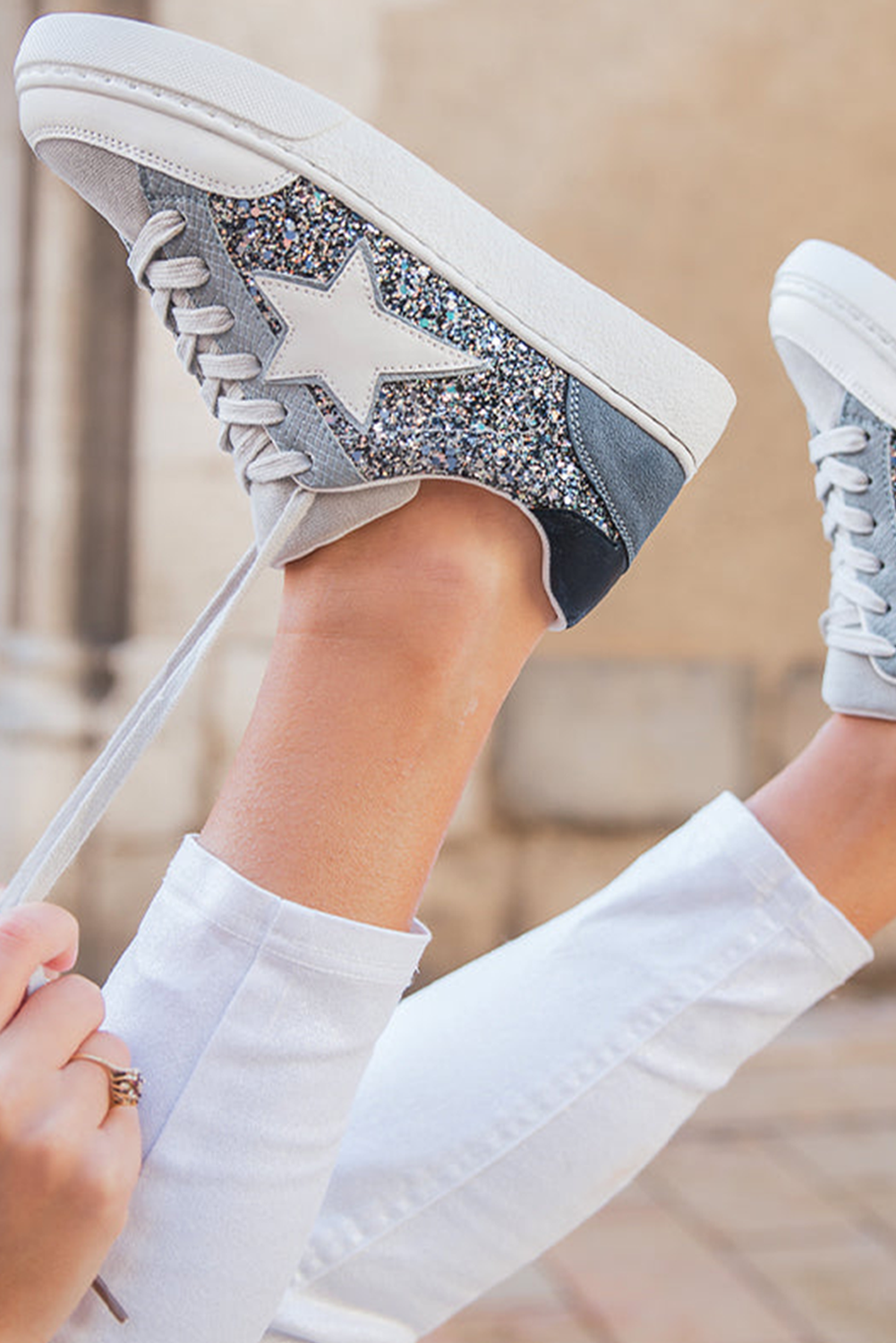Blue Glitter Star Lace Up Sneakers