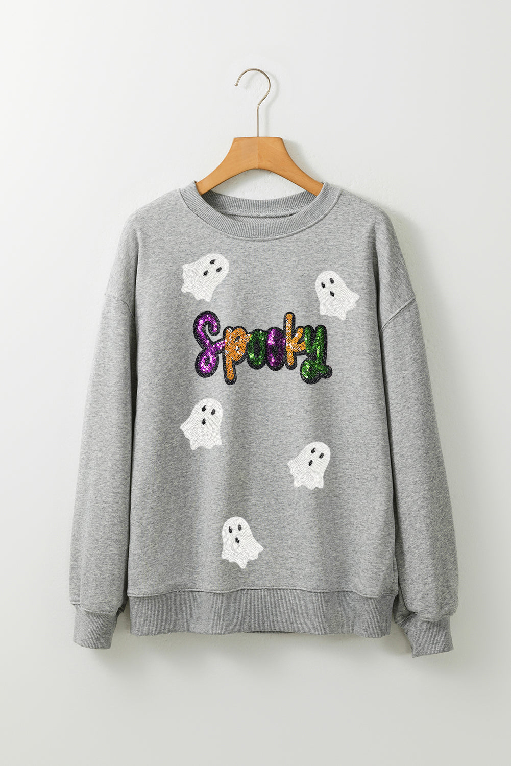 Gray Spooky Halloween Ghost Sequin Sweatshirt