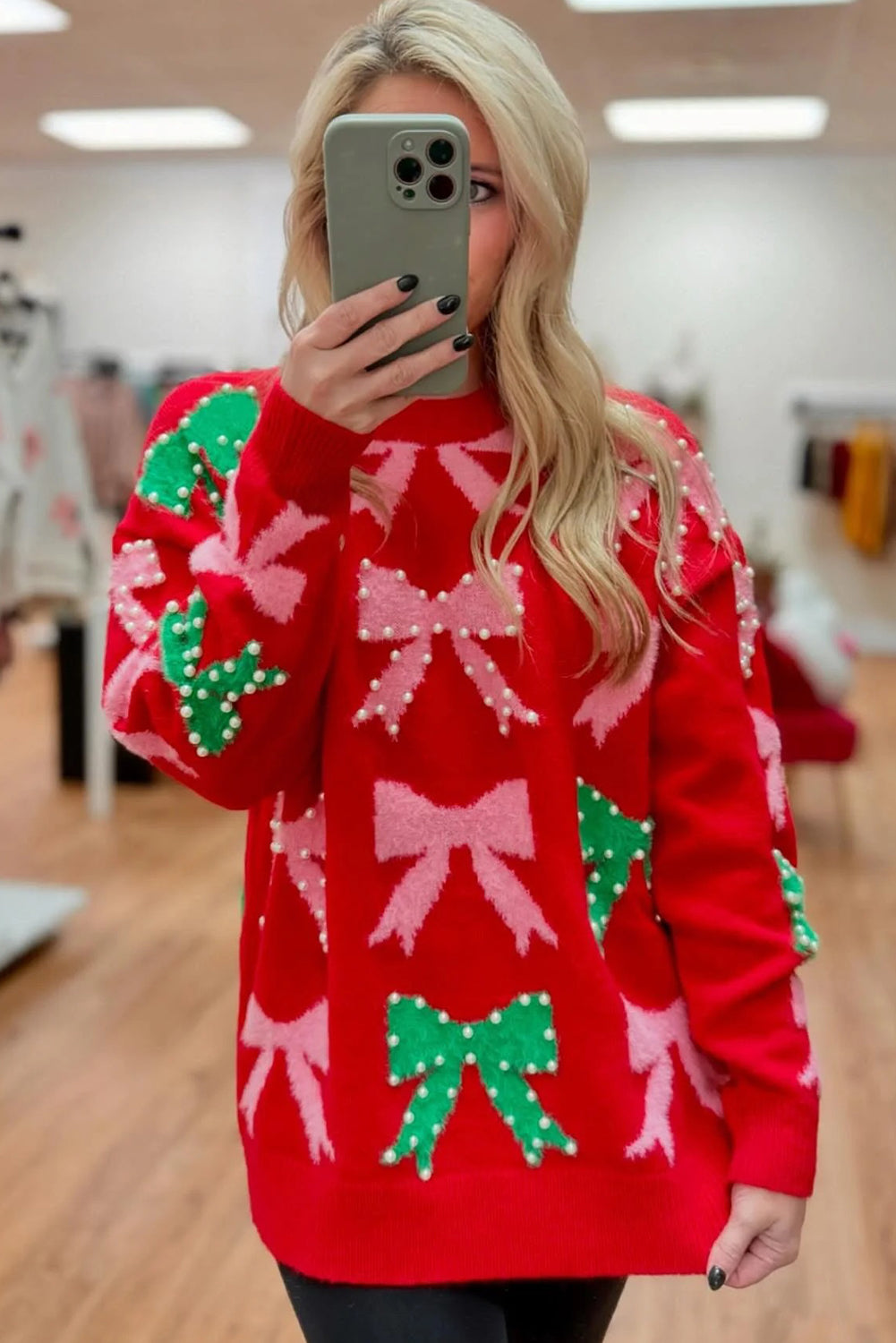 Fiery Red Bow Pearl Embellished Christmas Holiday Sweater