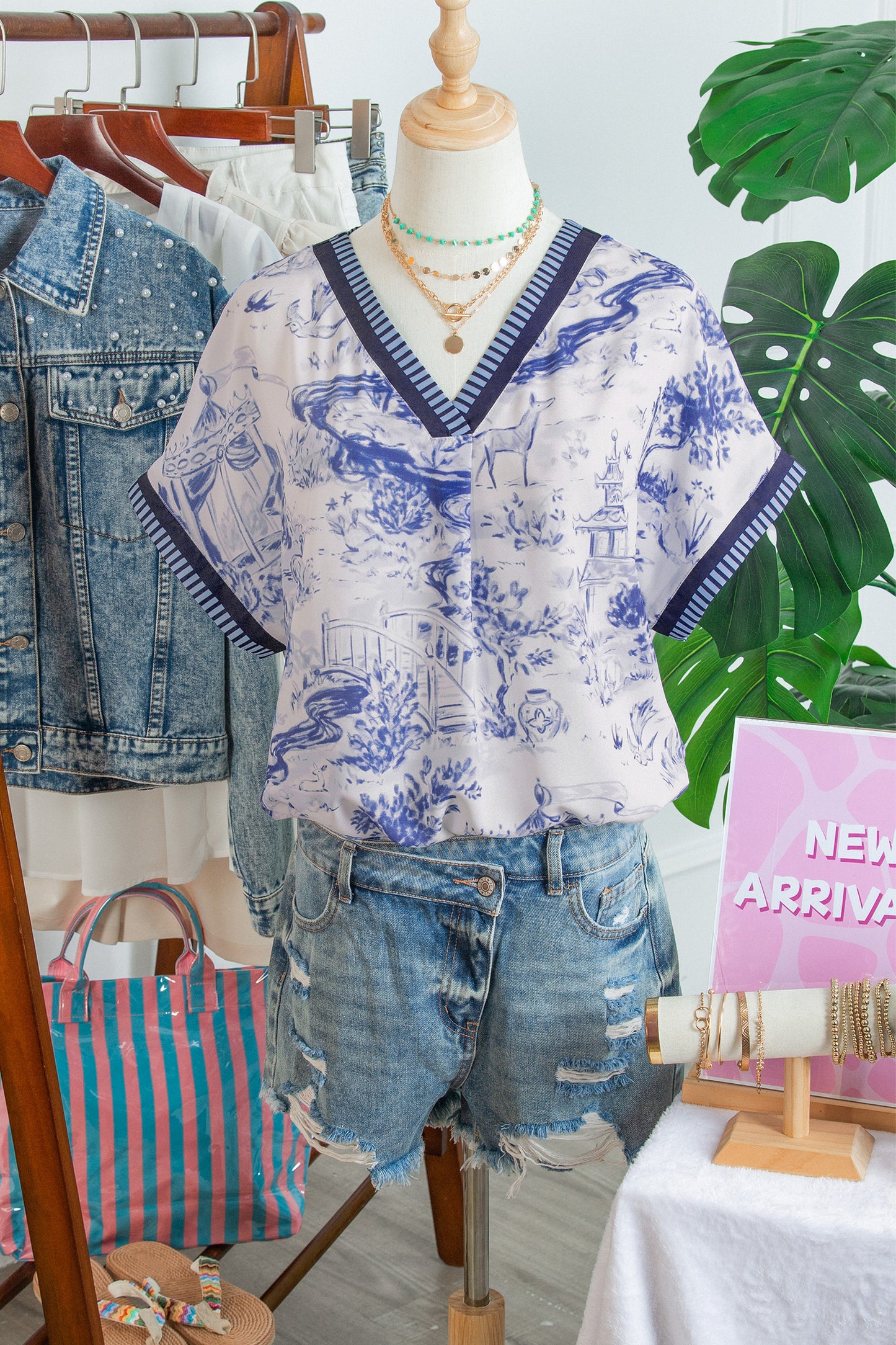 Blue Toile V-Neck Blouse