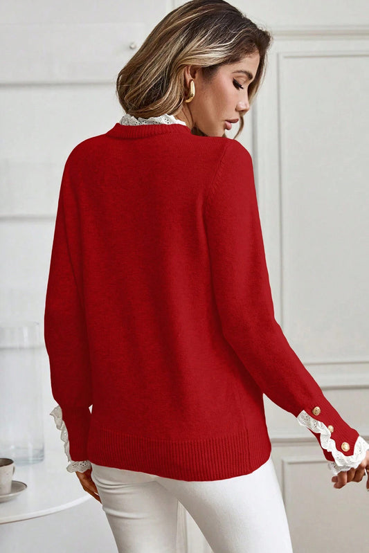 Red Lace Trim Sweater