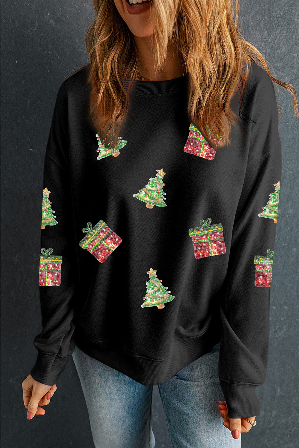 Black Sequin Christmas Trees & Gifts Sweatshirt