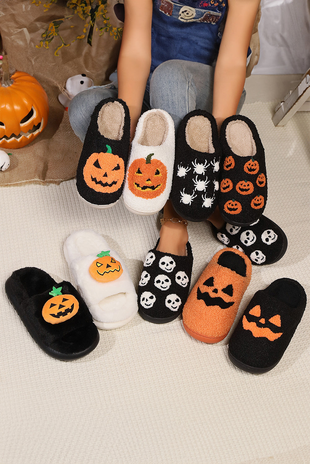 Black Halloween Pumpkin Plush Slippers