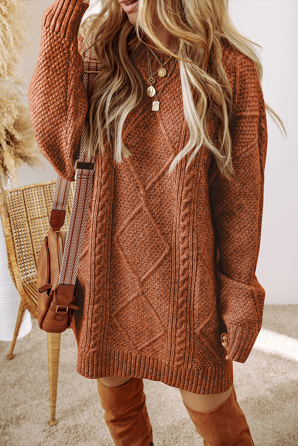 Relaxed Cable Knit  Sweater Dress