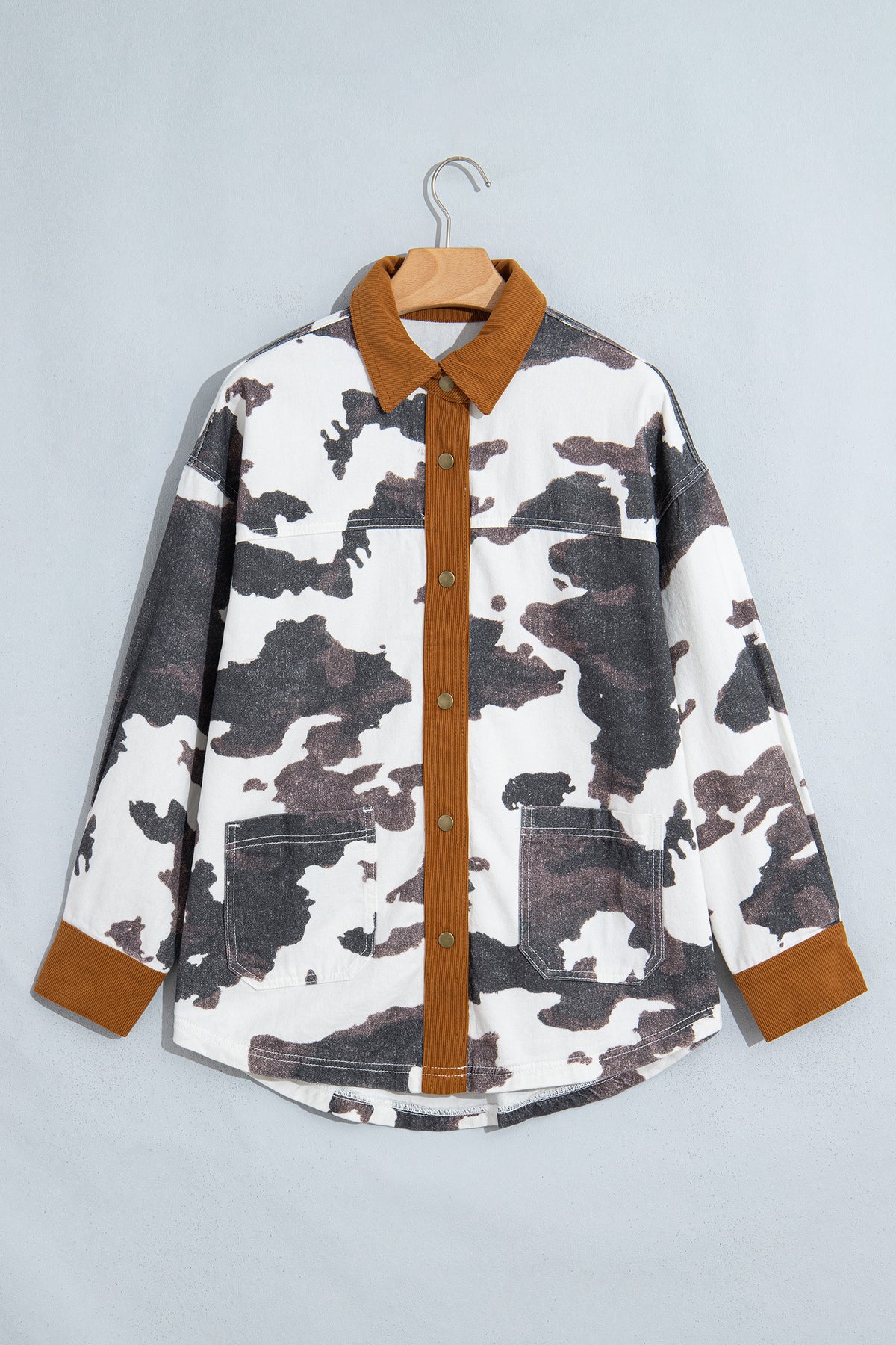 Cow Print Button-Up Denim Jacket