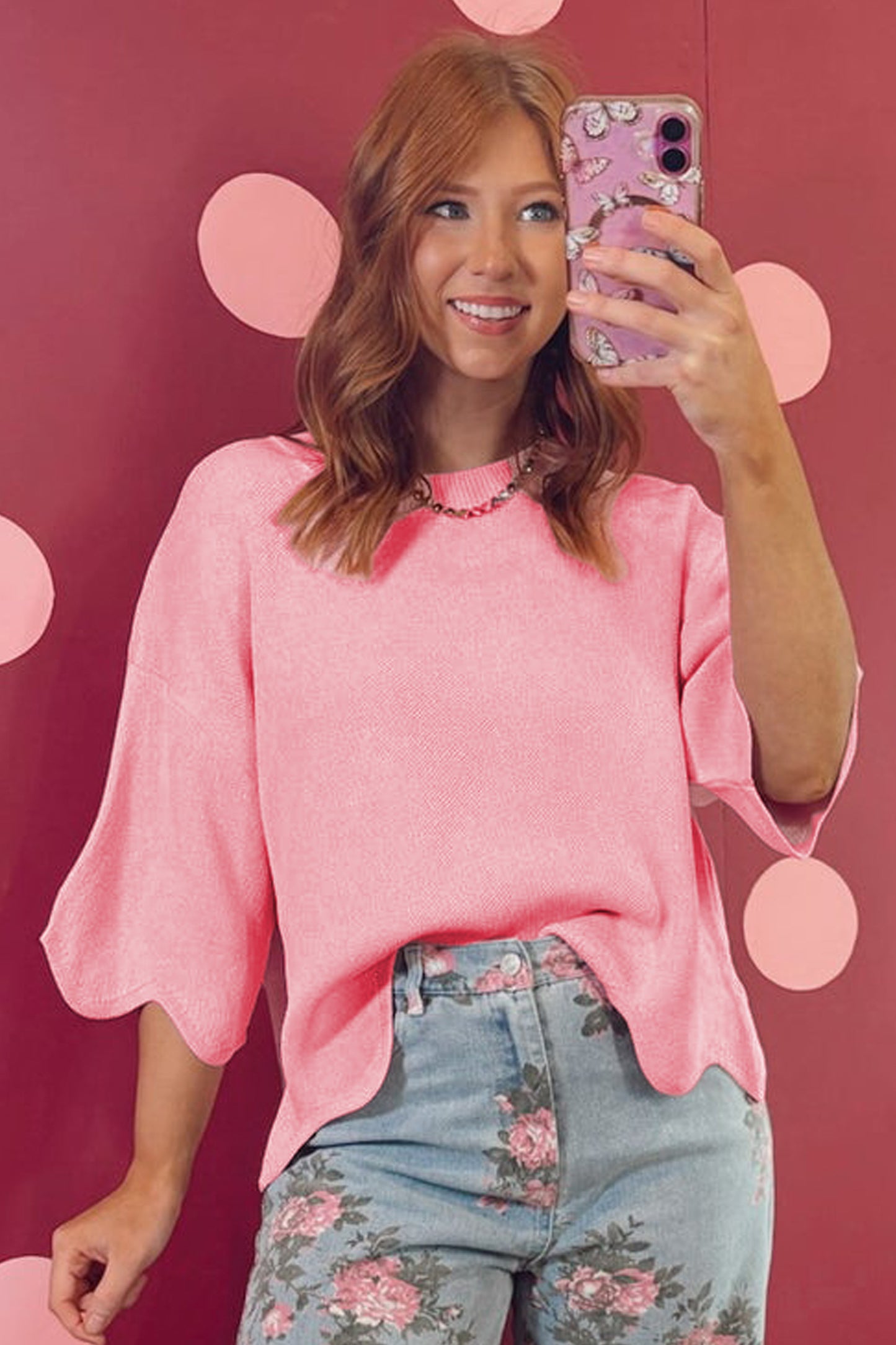 Scalloped 3/4 Sleeve Sweater Top