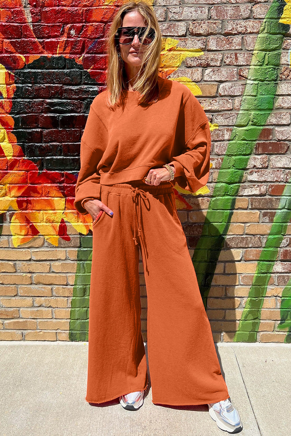 Crop Pullover Drawstring Wide Leg Pants Set