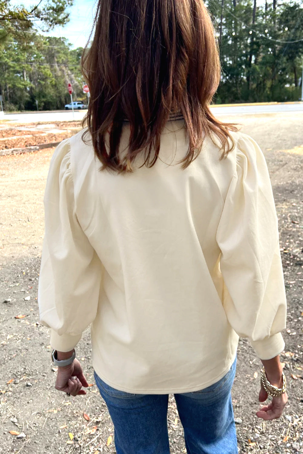 Striped Ruffle Button Neck Pullover