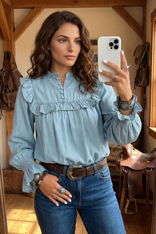 Western Ruffle Chambray Blouse