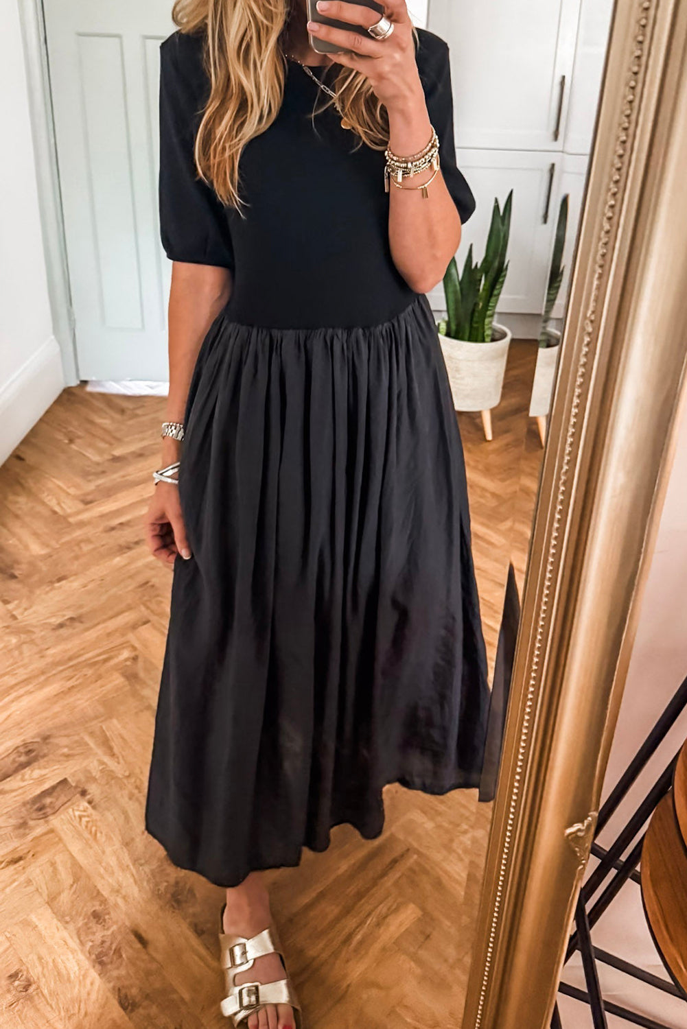 Mixed Material Midi Dress