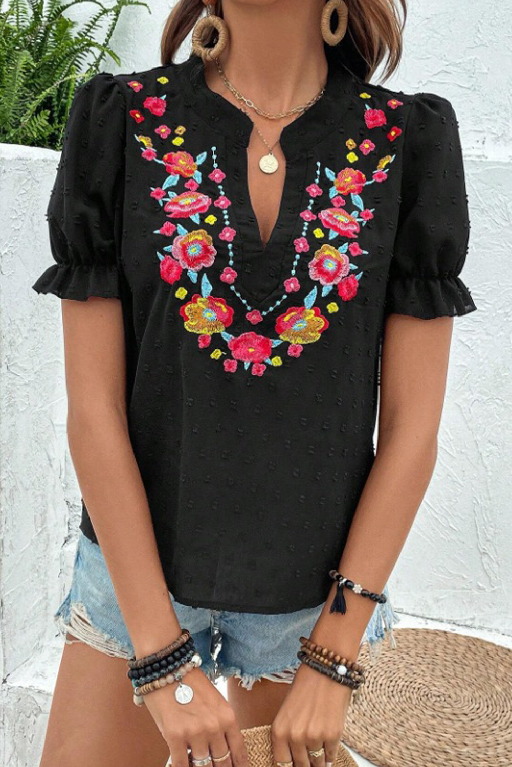 Black Embroidered Floral Blouse