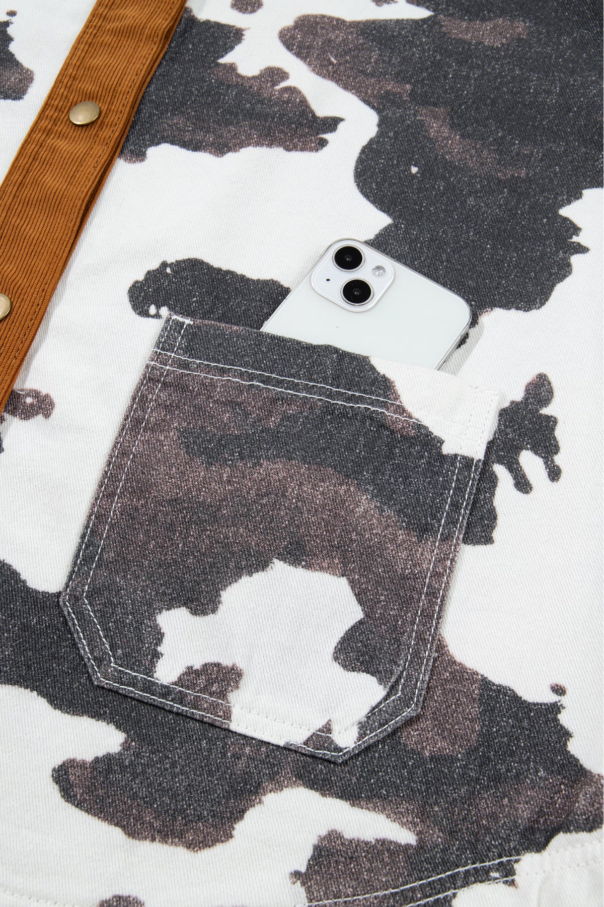 Cow Print Button-Up Denim Jacket