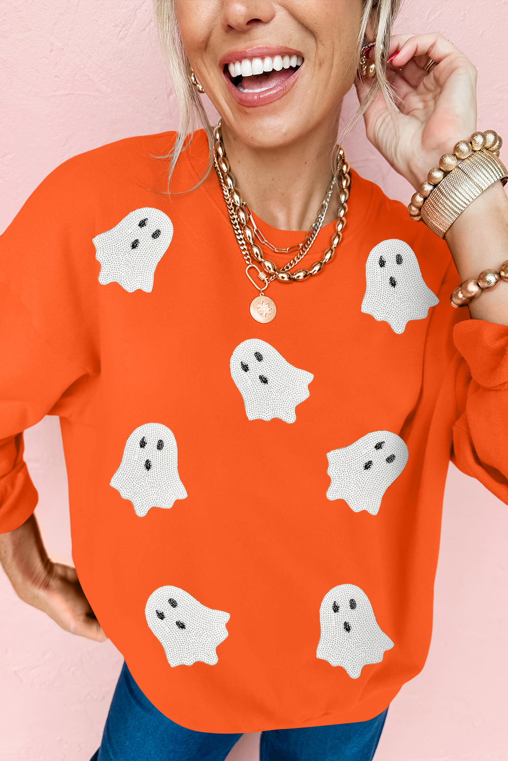 Orange Sequin Halloween Ghost Sweatshirt