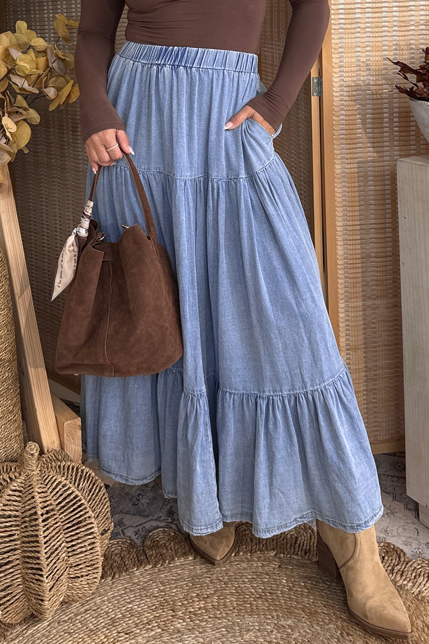 Tiered Flared Denim Maxi Skirt