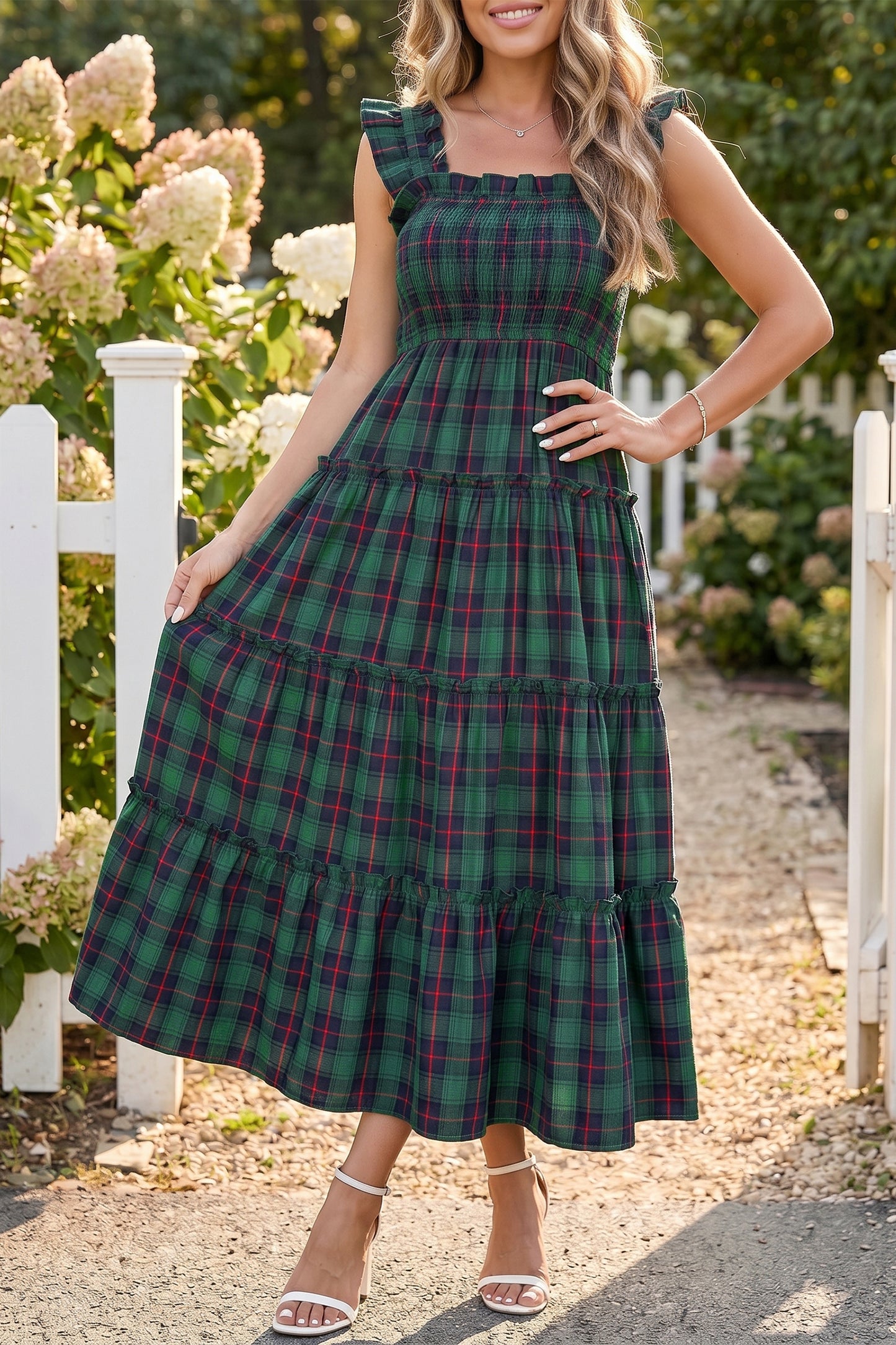 Green Plaid Tiered Midi Dress