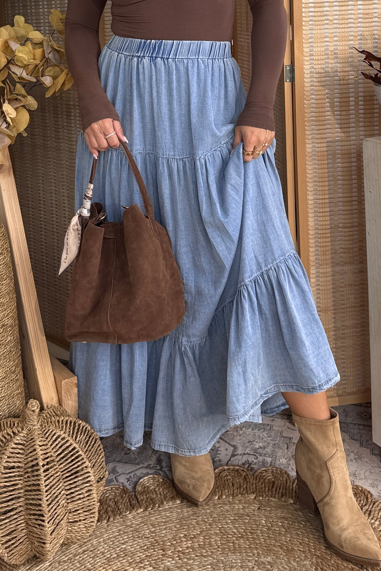 Tiered Flared Denim Maxi Skirt