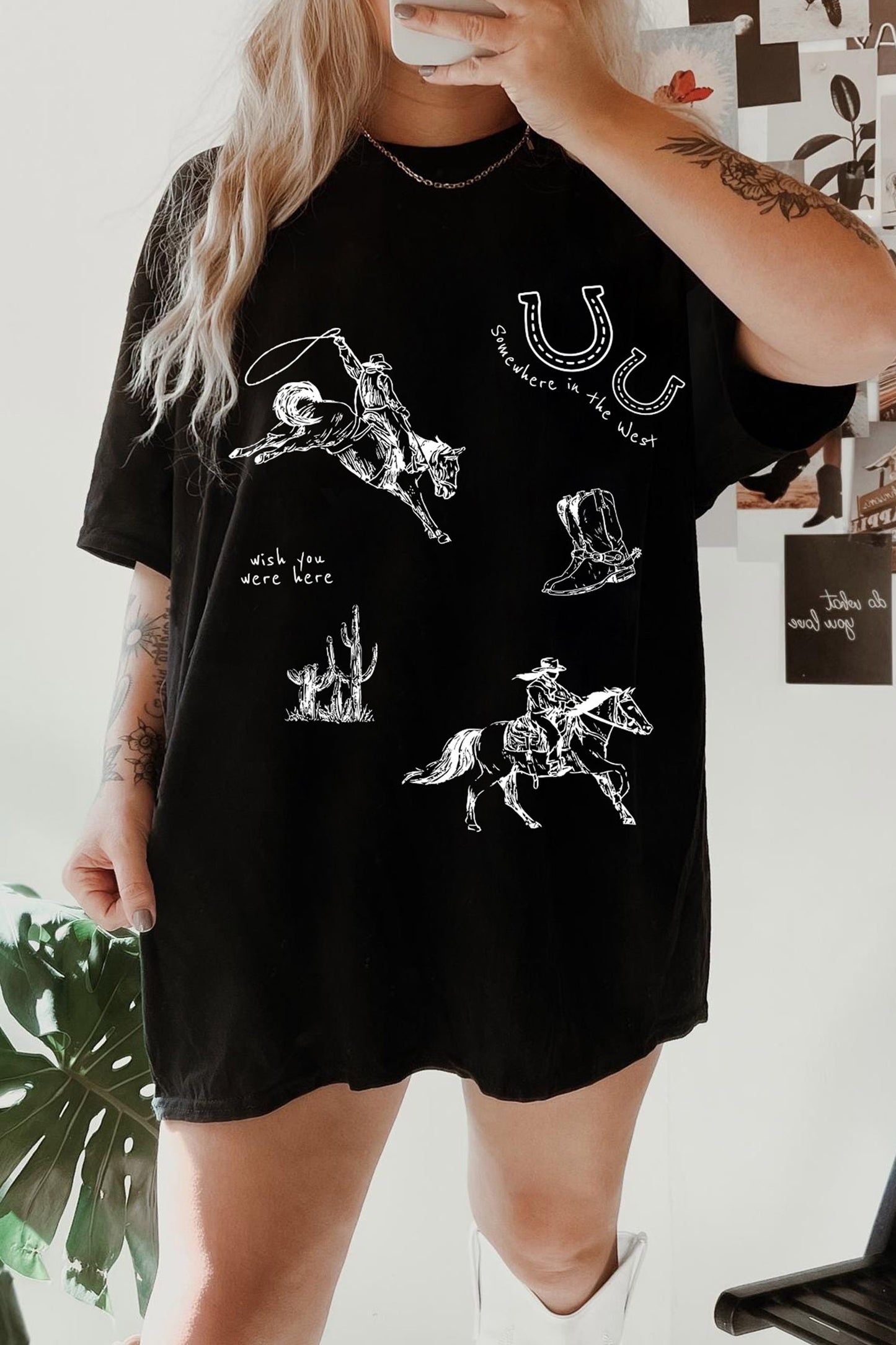 Black Western Cowboy Print Tee