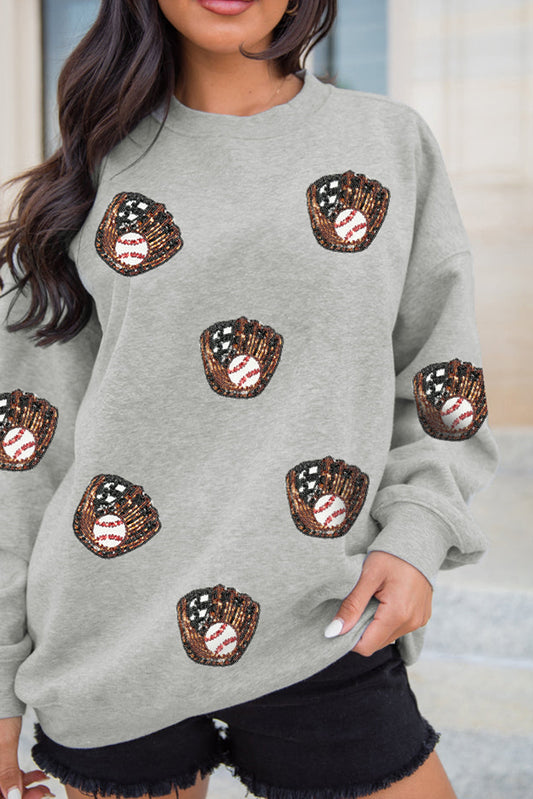 Gray Sequin Baseball Gloves Sweatshirt