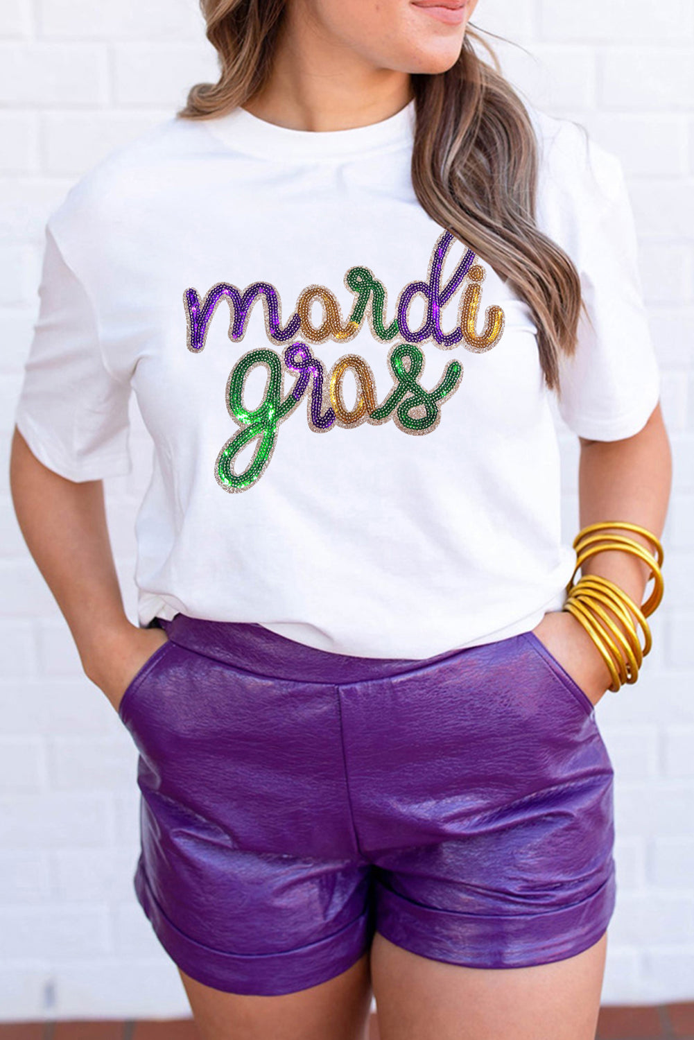 White Mardi Gras Sequin Casual Tee