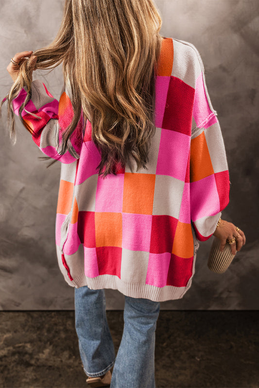 Bright Checkered Open Front Cardigan
