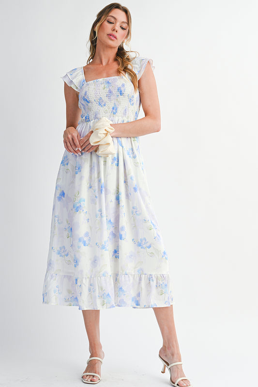 Sky Blue Floral Smocked Dress