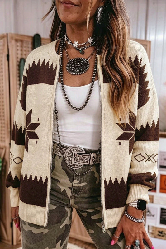 Women's Western-inspired patterned knit cardigan with long sleeves and ribbed cuffs