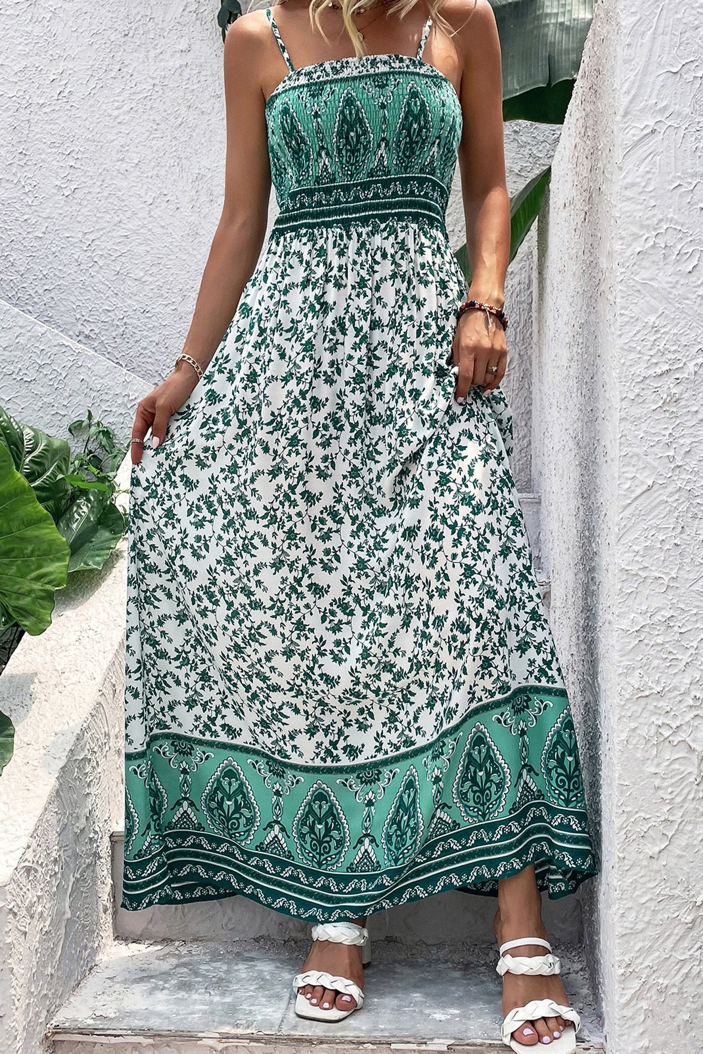 Green Boho Floral Maxi  Dress