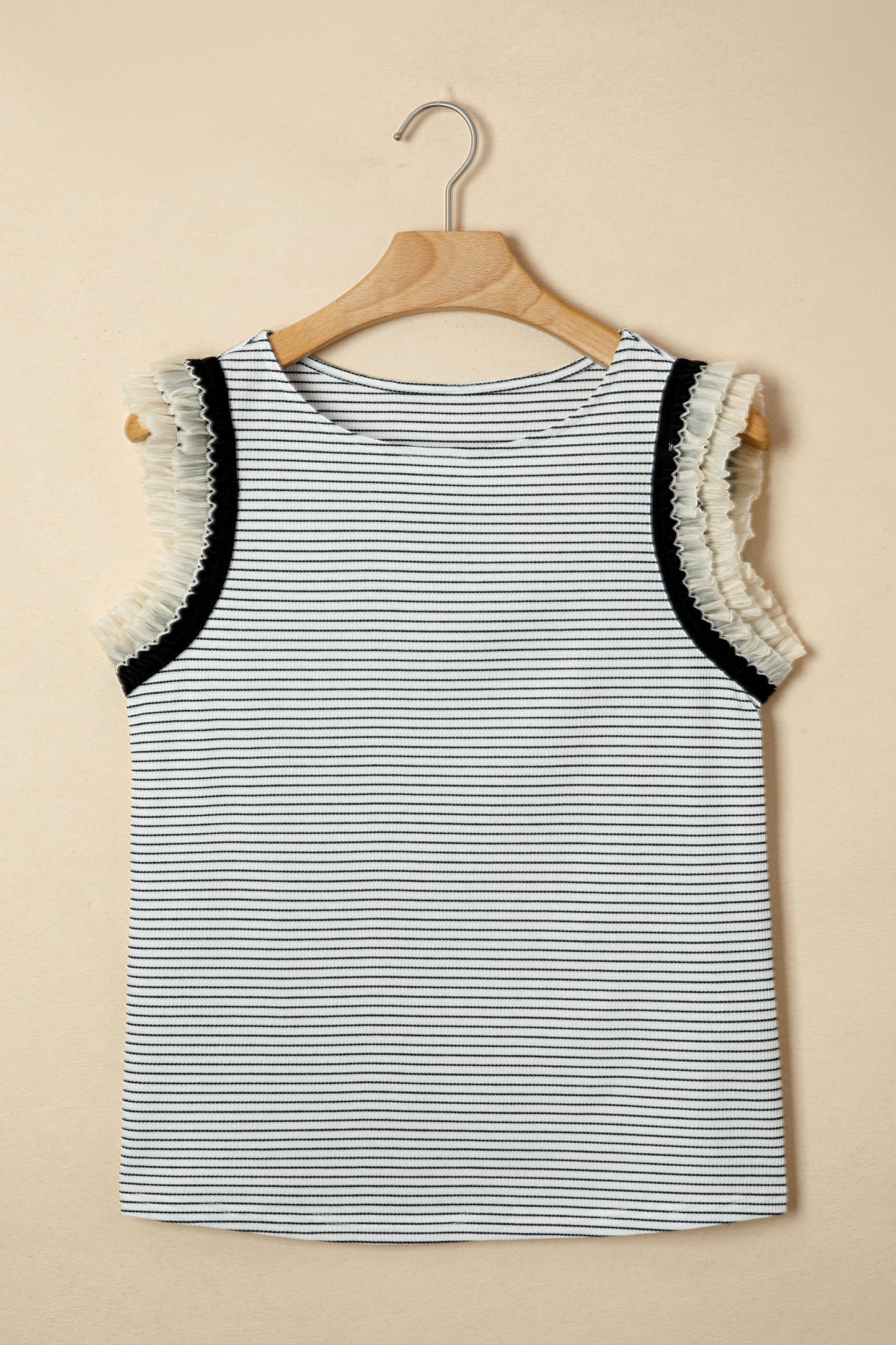 Black Stripe Ruffle Trim Top