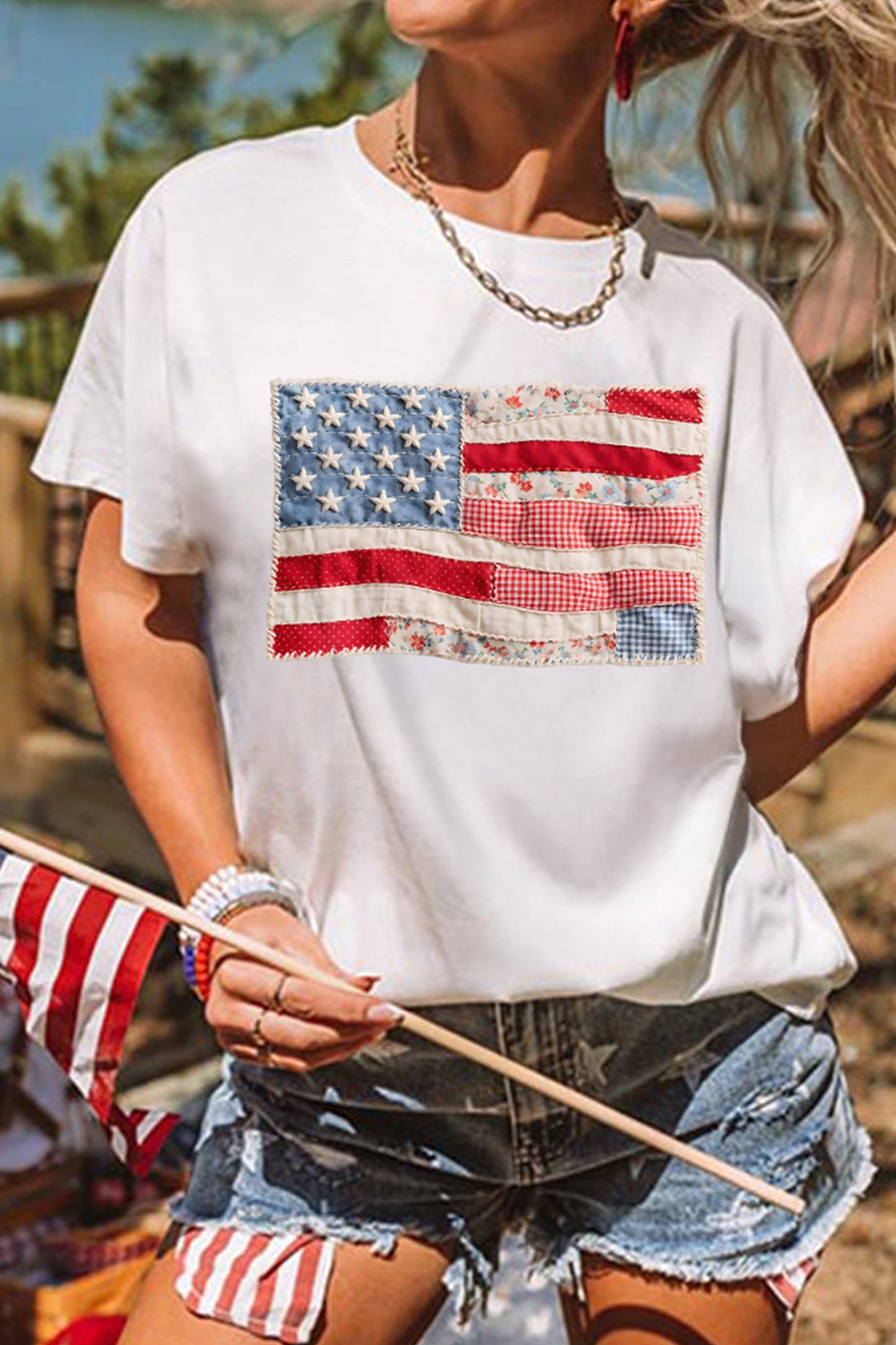 Patchwork Printed American Flag Tee