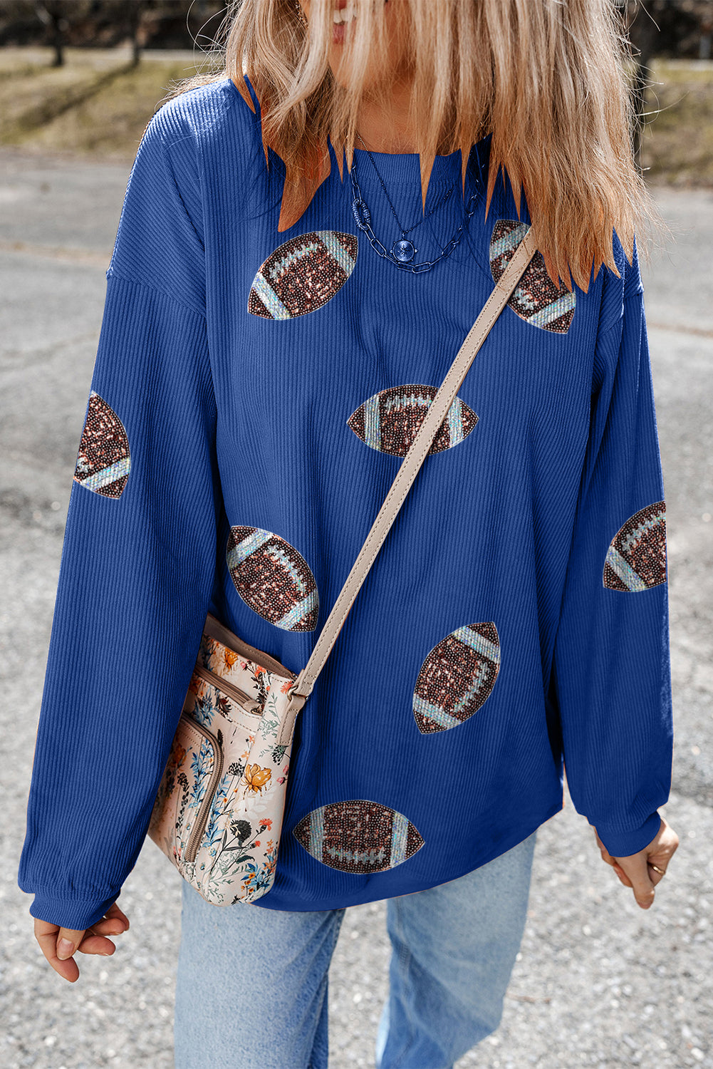 Dark Blue Sequin Football Sweatshirt