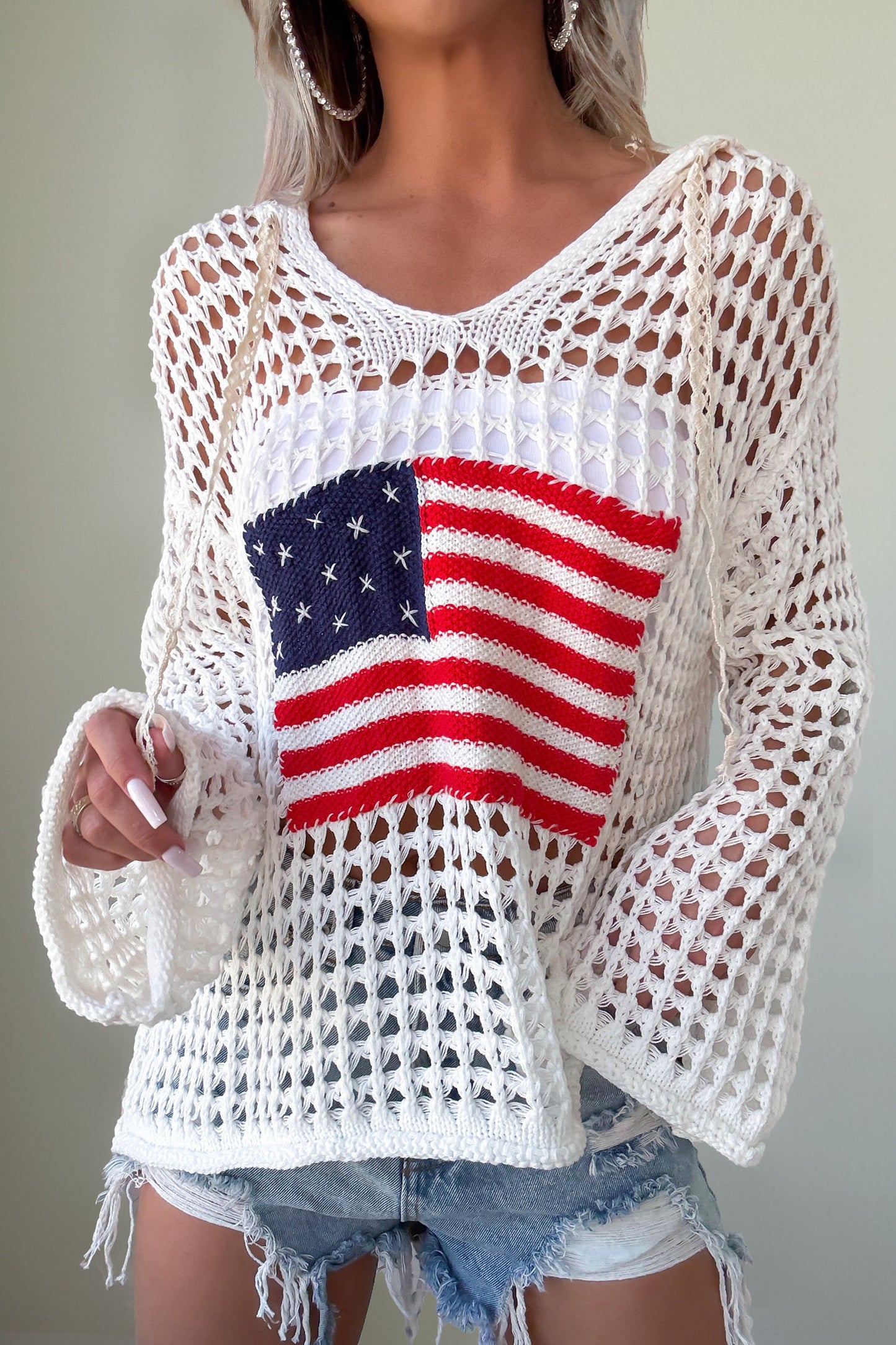 Crochet Knit American Flag Hoodie