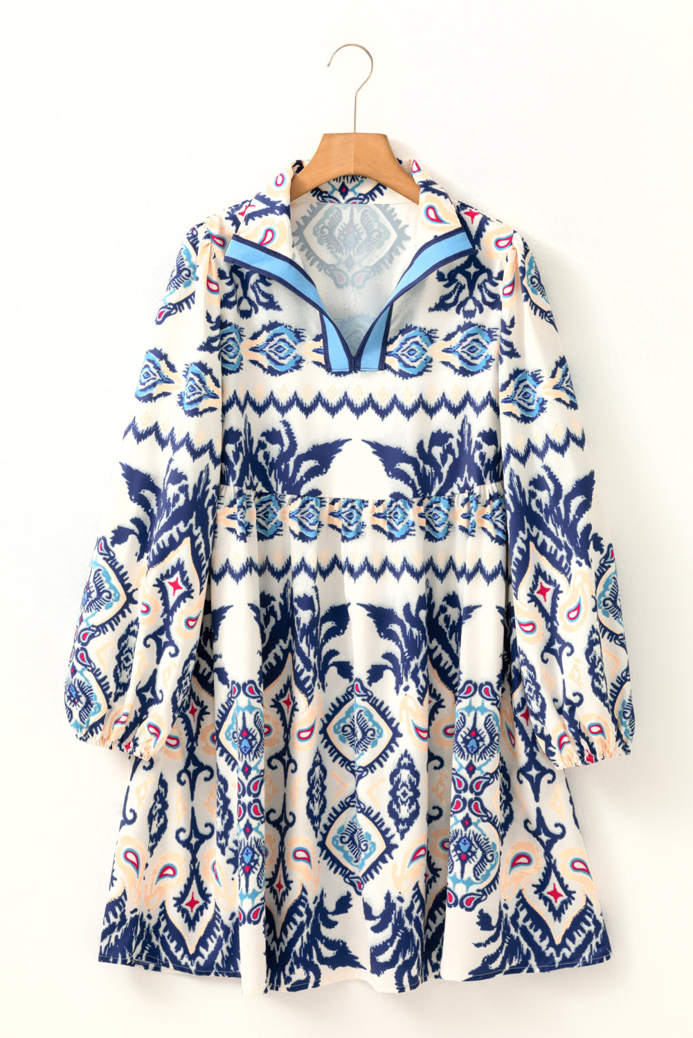 Blue Print Pop of Color Long Sleeve Dress
