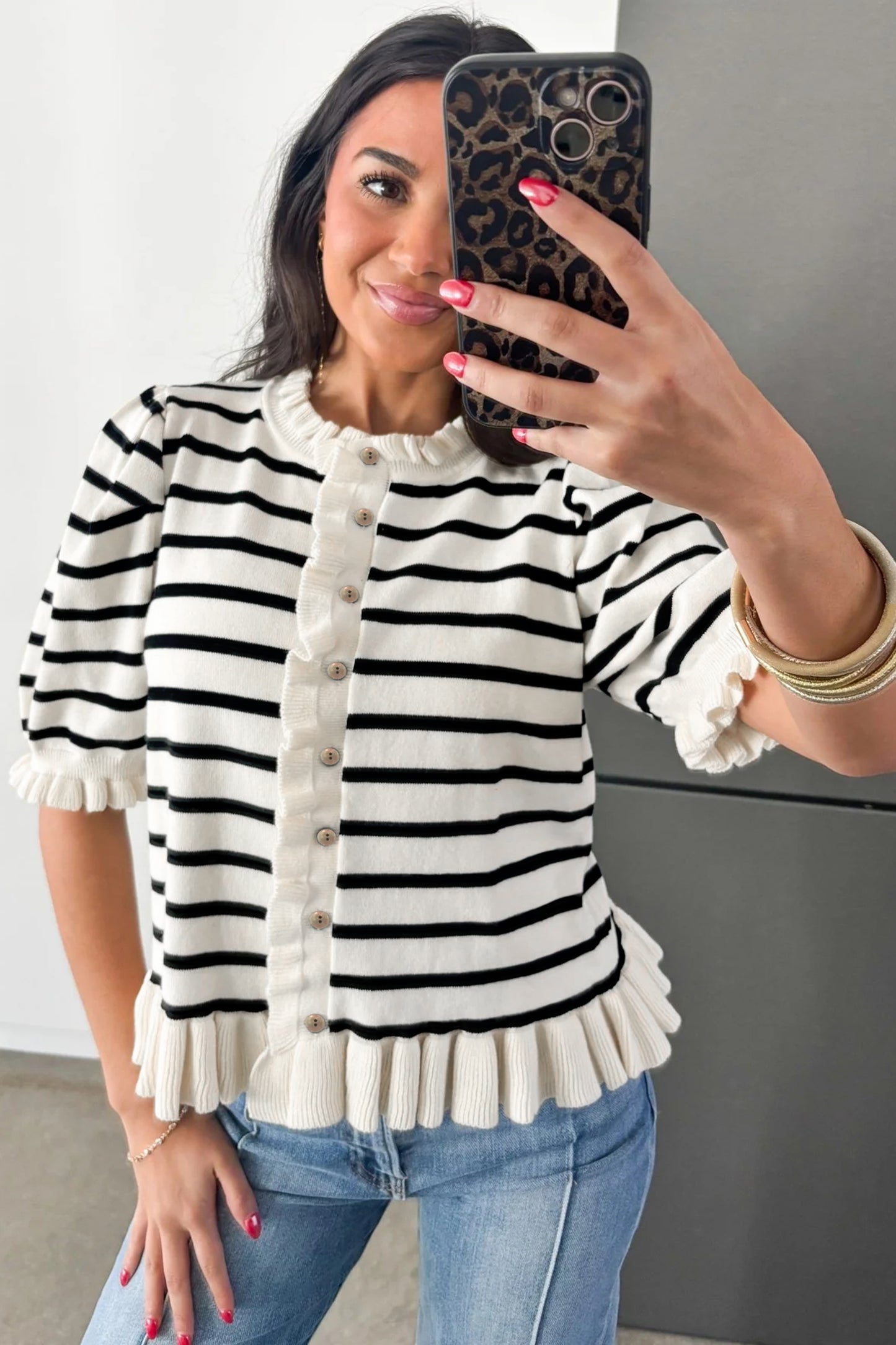 Stripe Ruffle Trim Cardigan