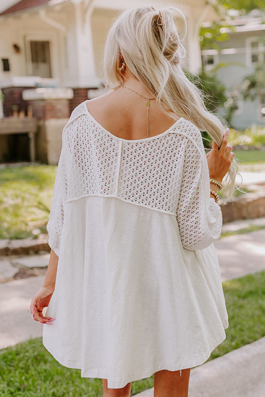 White Eyelet Patchwork Oversized Top