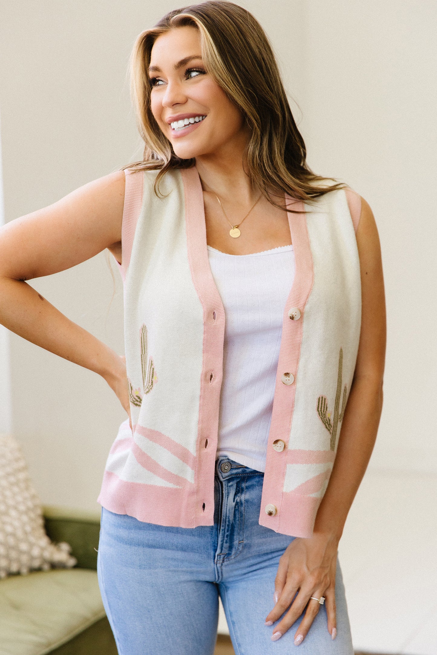 Pink Western Cactus Sweater Vest