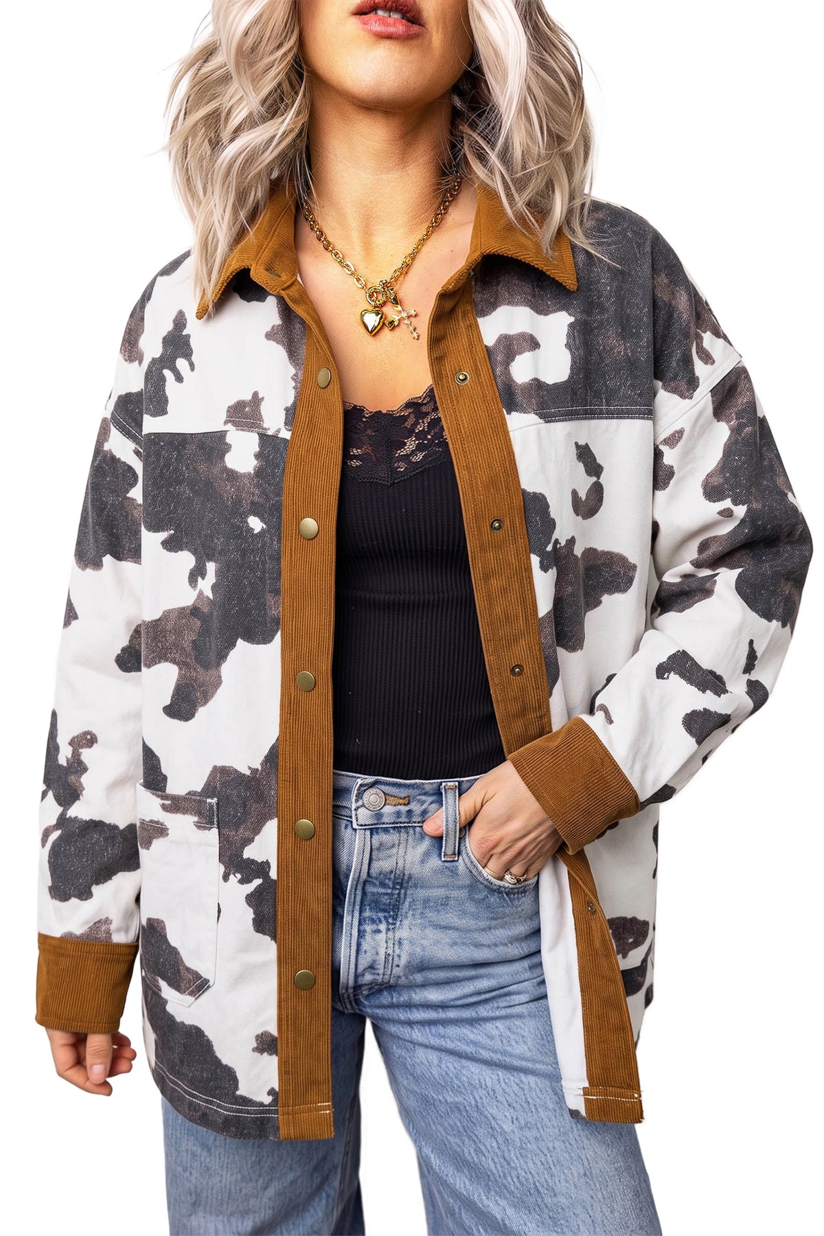 Cow Print Button-Up Denim Jacket